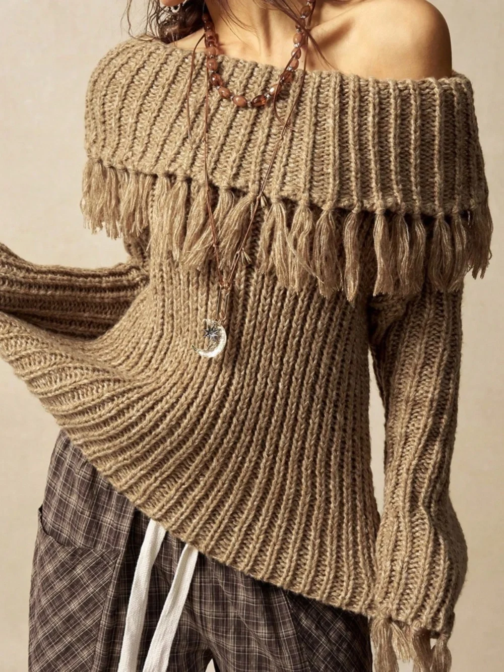 Classic Off Shoulder Foldover Fringe Detail Knit Sweater Top - Picture 6 of 8